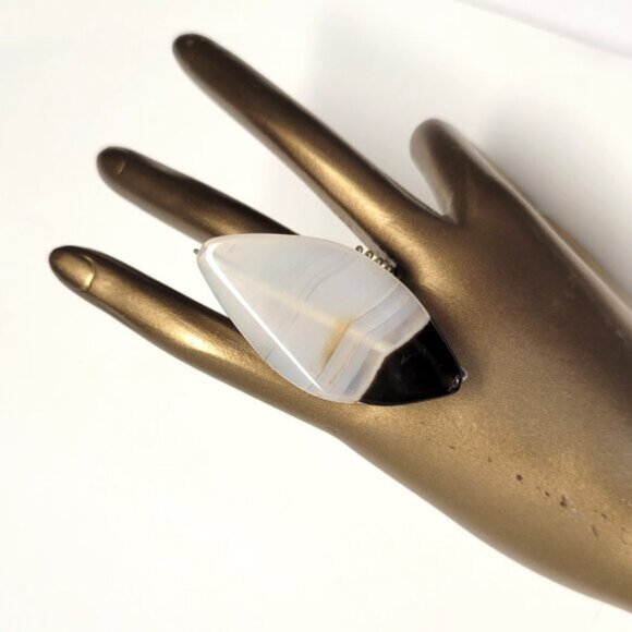 Banded White Black Agate Polished Ring Adjustable Band Semi Precious Ring - Picture 3 of 8